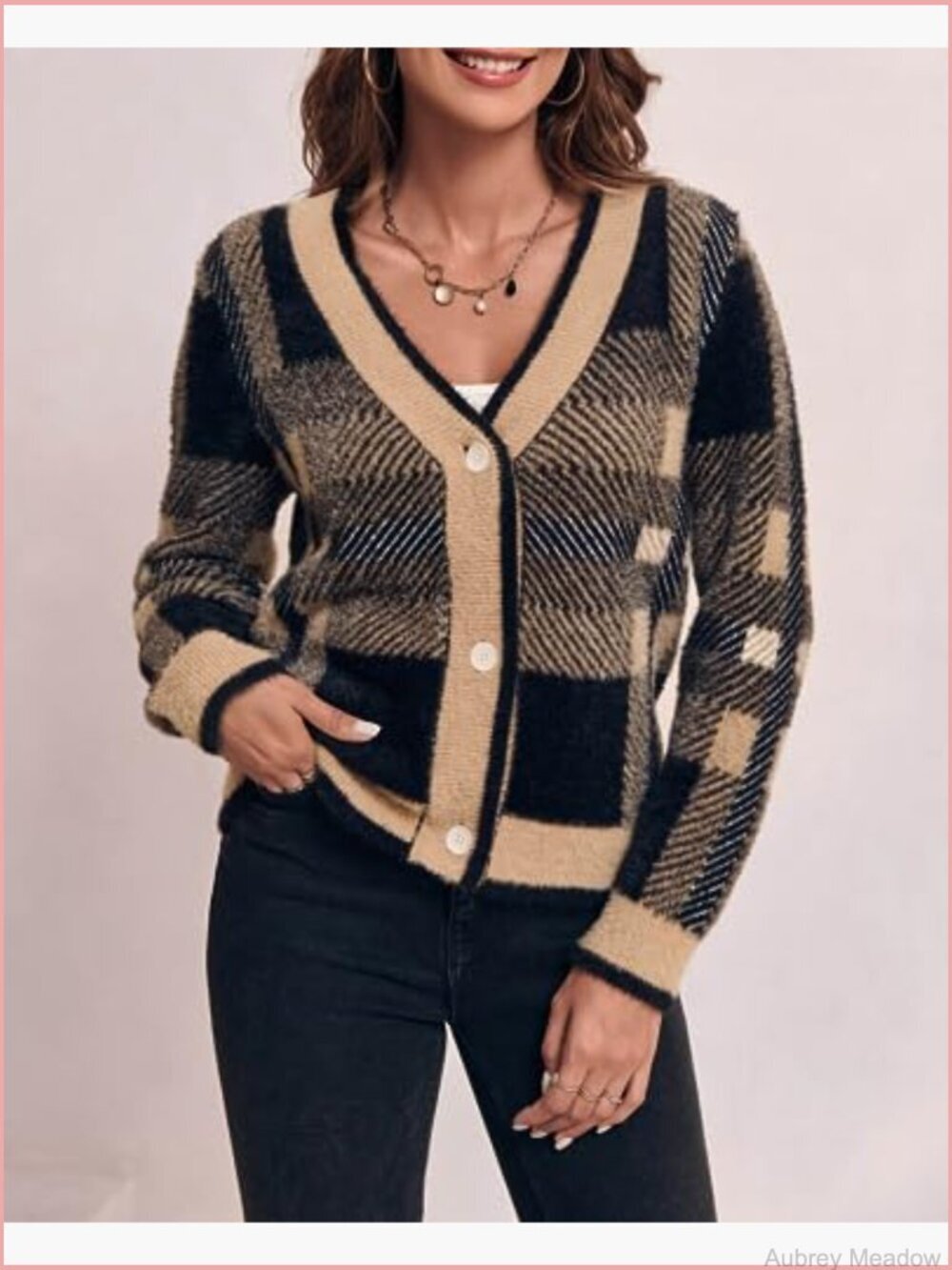 Plaid Fuzzy Knit V-Neck Button Down Cardigan Sweater Cozy Long Sleeve - Picture 5 of 7